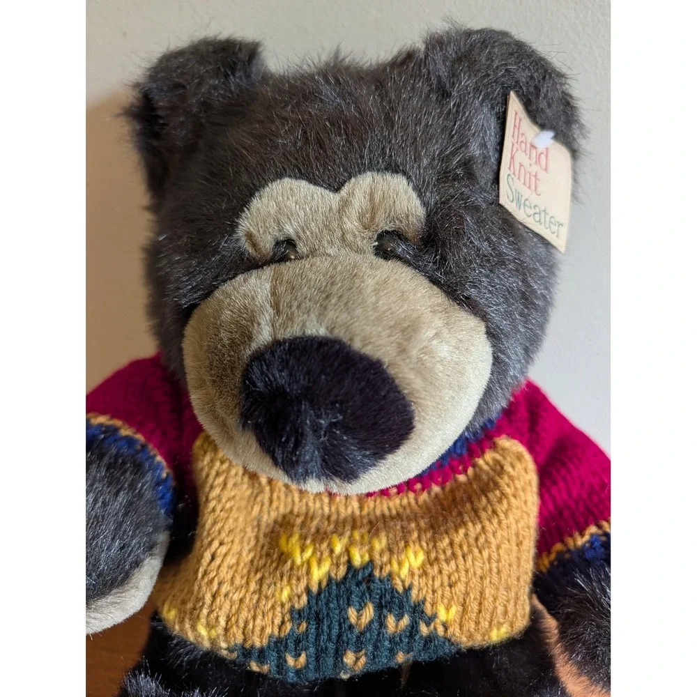 Vtg 90s Plush Black Bear Hand Knit Sweater Christmas Tree Winter 12in MTY Int'l